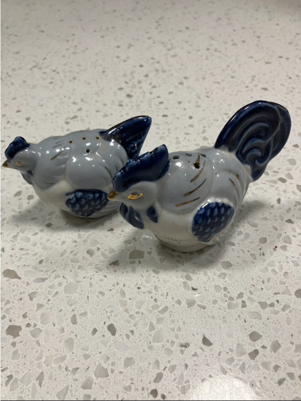 Blue and White Ceramic Rooster Salt and Pepper Shaker Set
